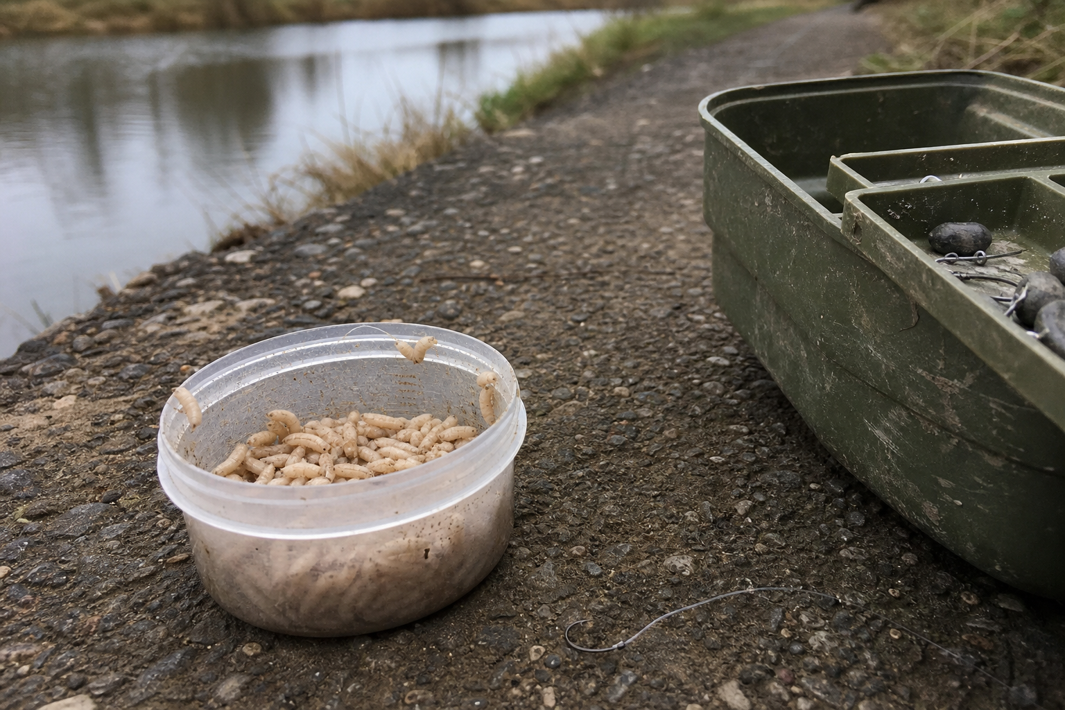A small container of maggots and a size 20 hook beside a tackle box on a towpath