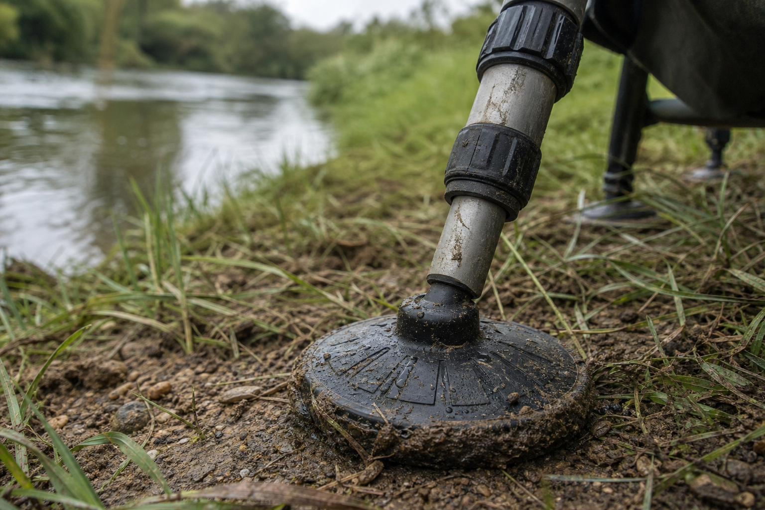 Close-up of a fishing chair leg with a wide rubber mud foot on soft ground