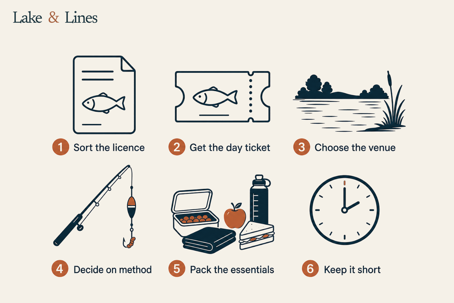 Pre-session checklist for a child's first coarse fishing trip in six numbered steps: sort the licence, get the day ticket, choose the venue, decide on method with a float rod and worm on the hook, pack the essentials, and keep it short.
