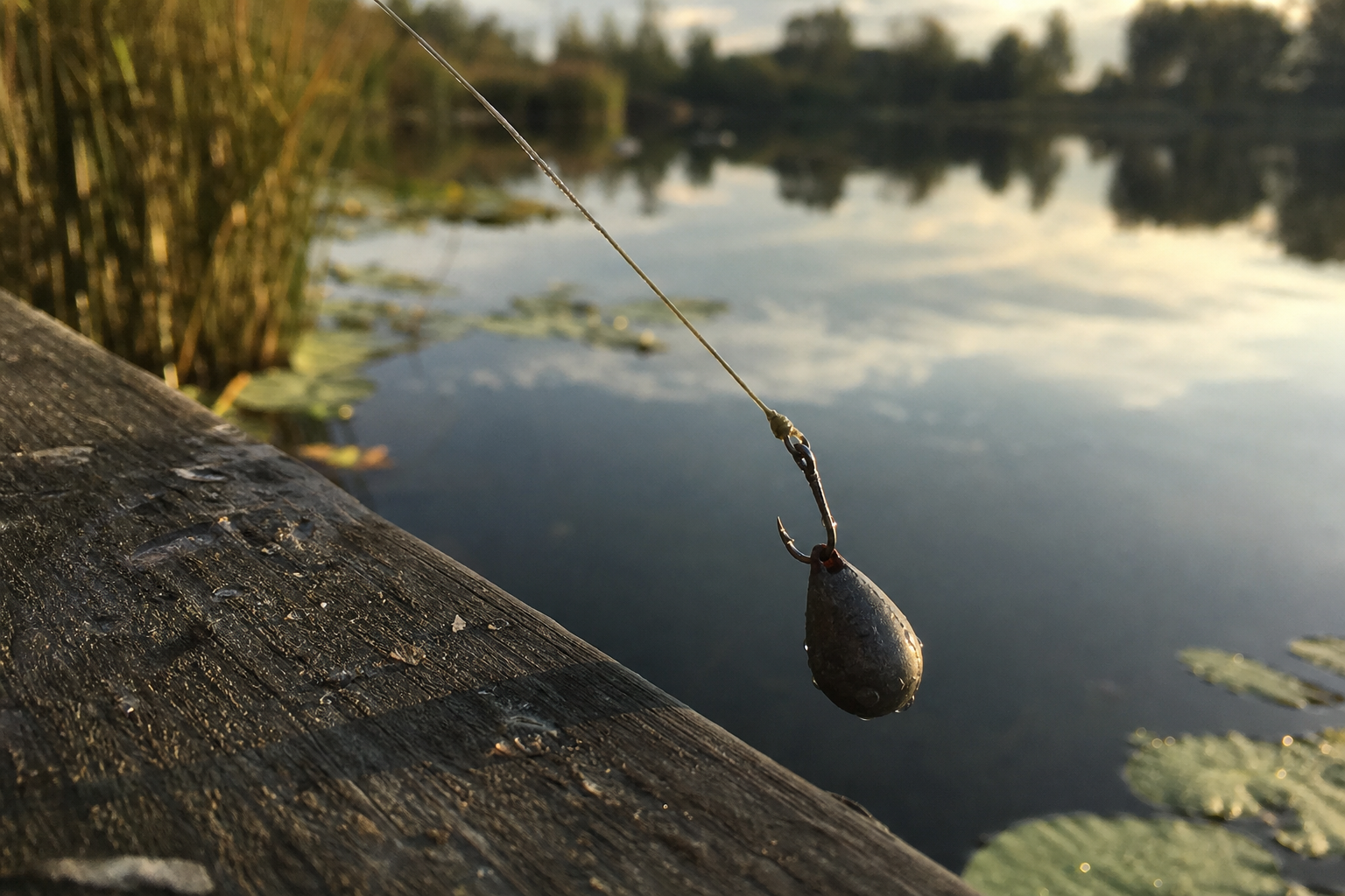 A plummet weight attached to a hook beside still water, ready to cast