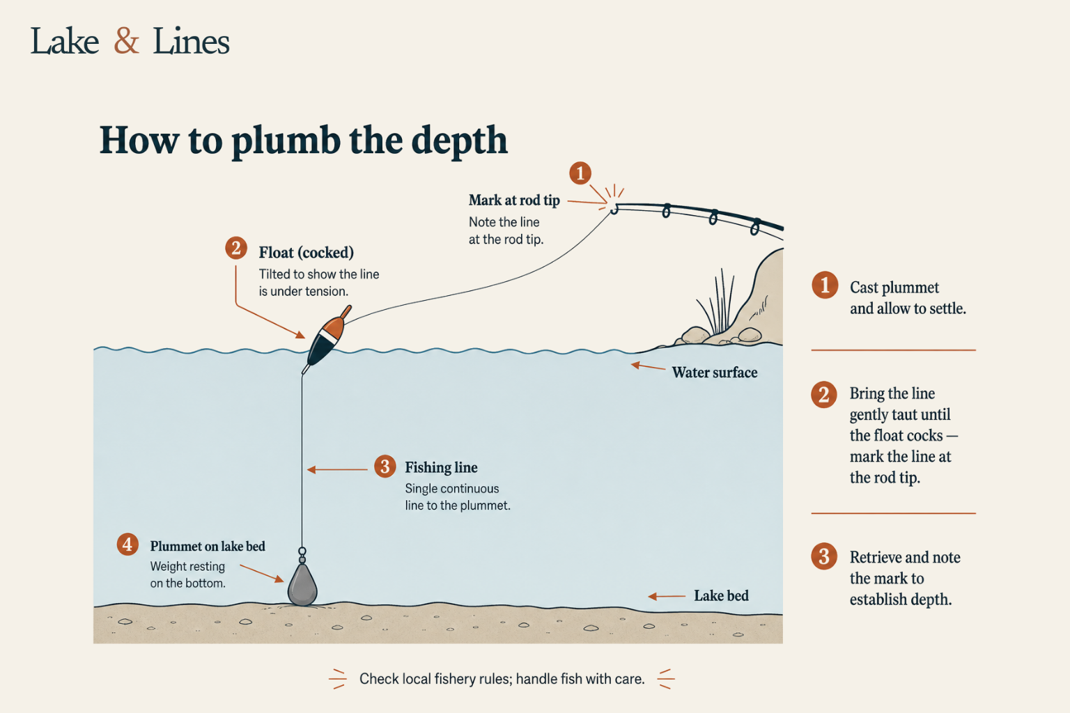 Cross-section diagram showing plummet on lake bed and float correctly cocked at surface