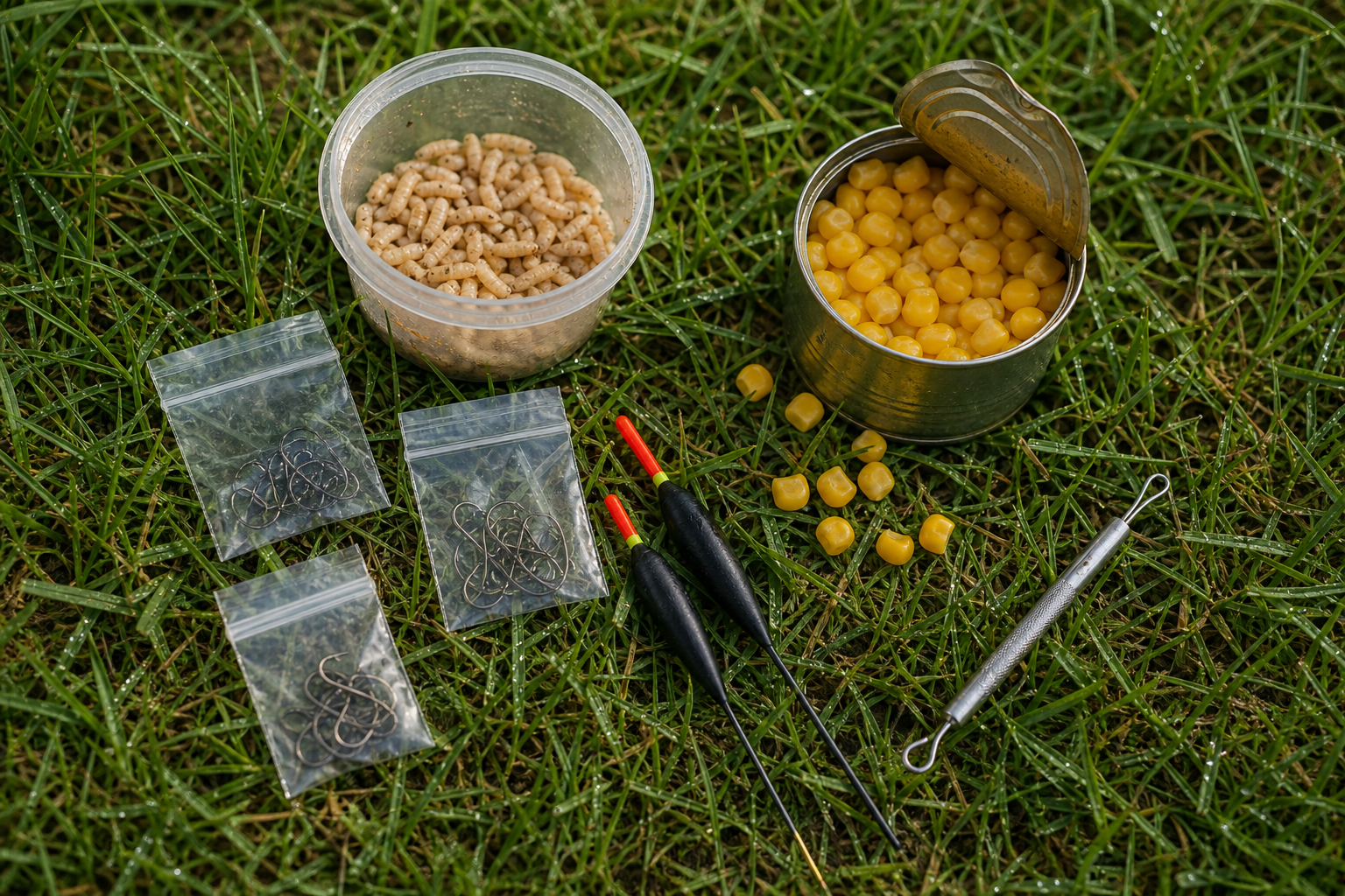 Overhead flat-lay of maggot pot, sweetcorn tin, hook packets, waggler floats and disgorger on grass