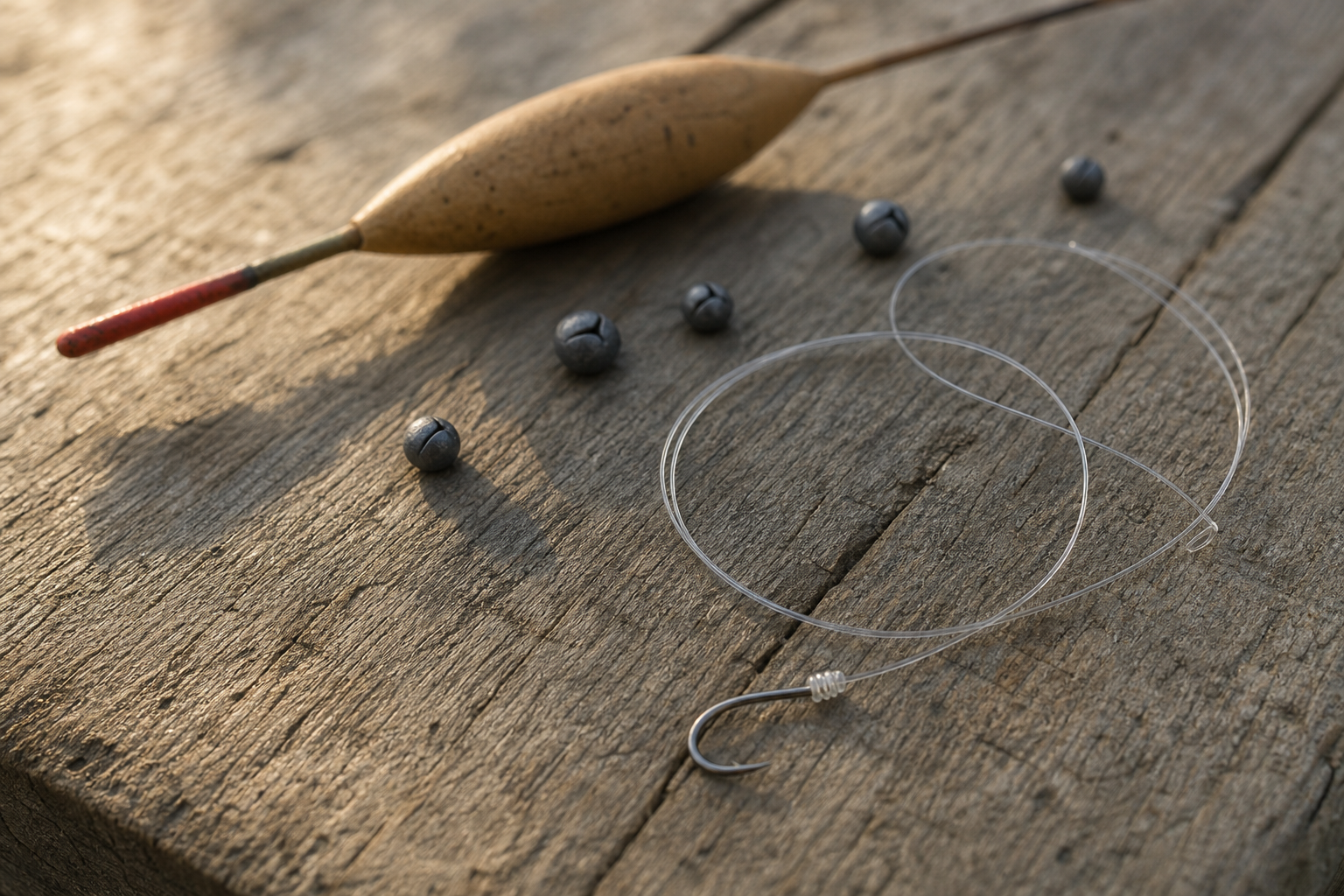 Float, split shot, hooklength and barbless hook laid out on a flat surface