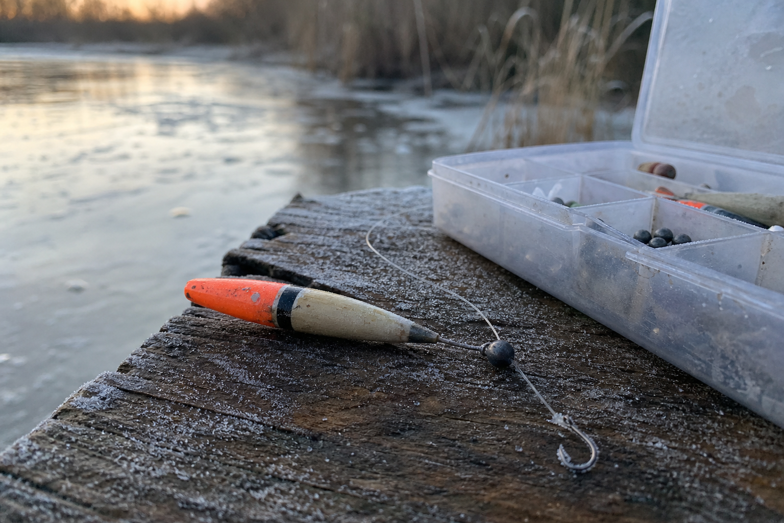 Small waggler float and fine hook set-up laid out beside a tackle box