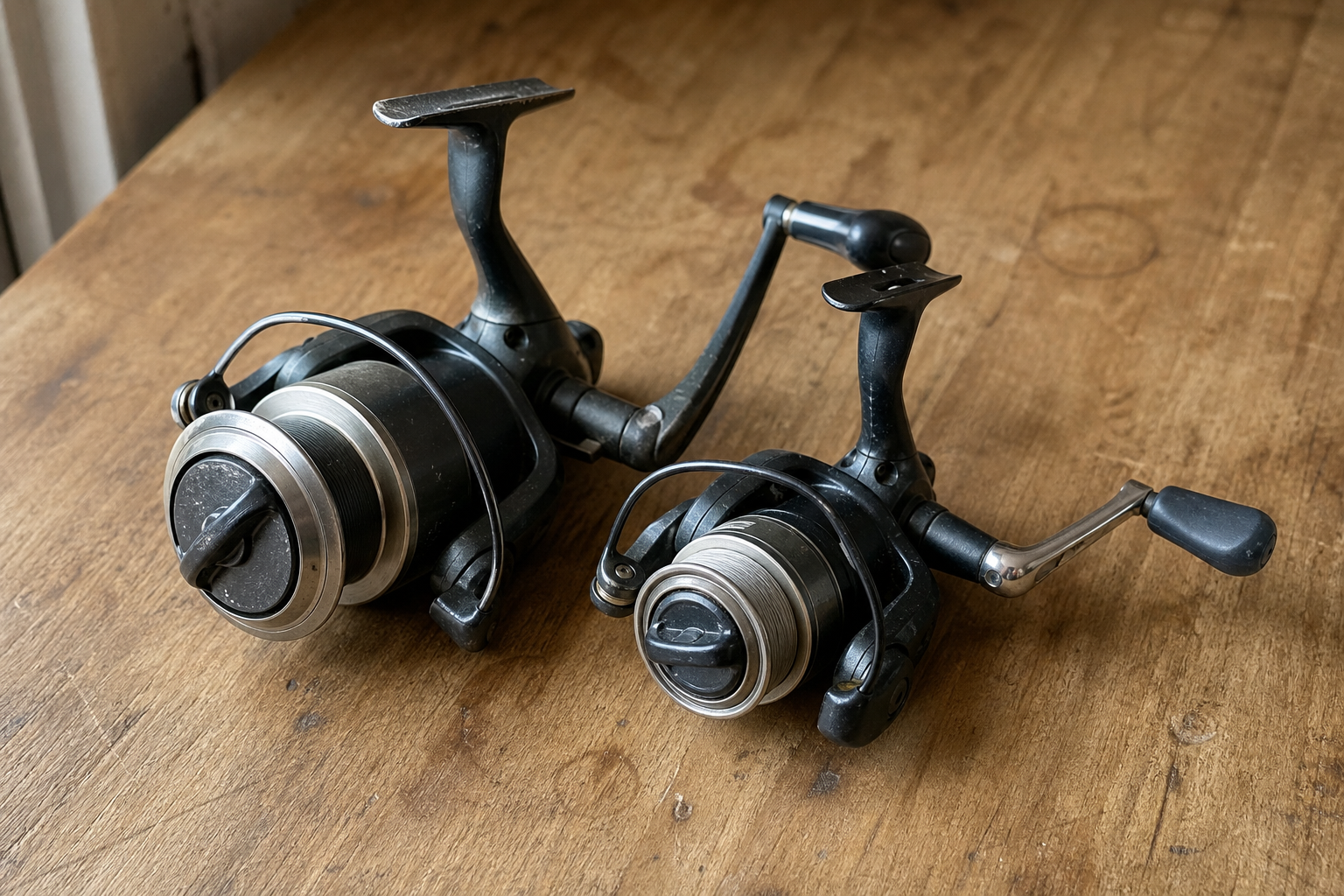 Two fixed-spool reels of different sizes placed side by side on a wooden surface