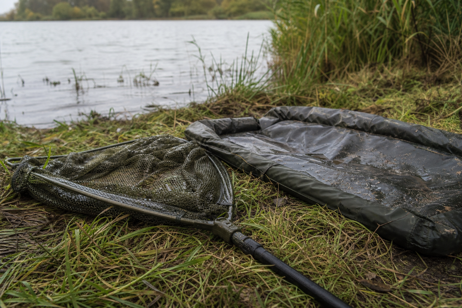 Large carp landing net and wet unhooking mat laid out on grass bankside.