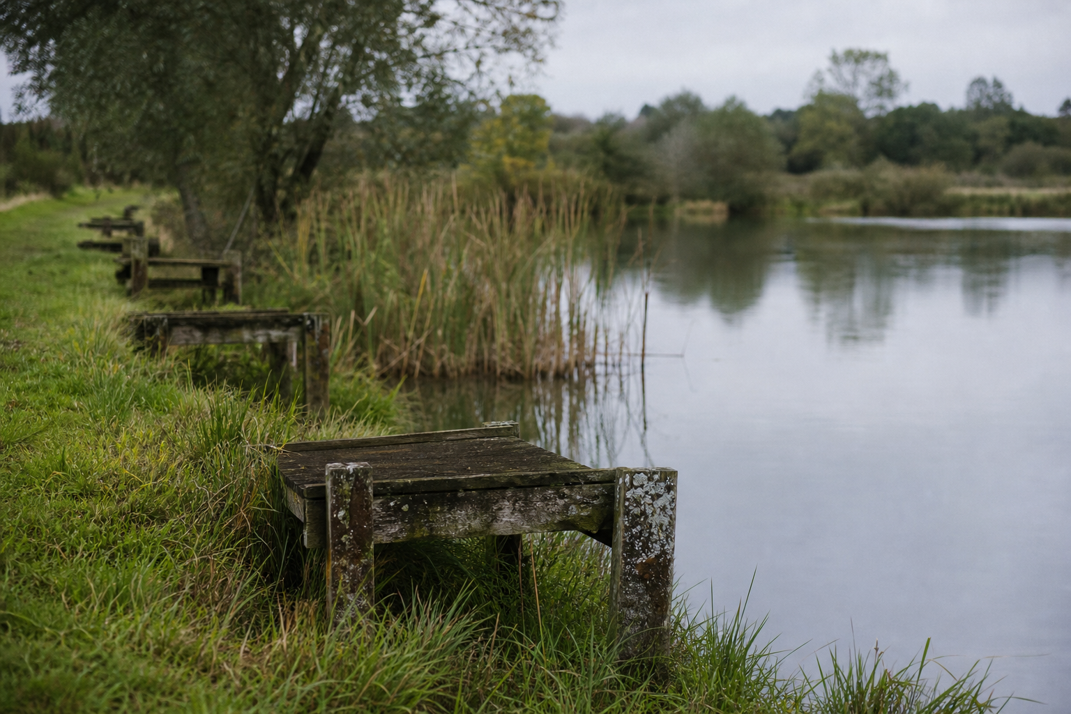 Quiet English coarse fishing lake with weathered wooden pegs along a grassy bank, reeds and trees