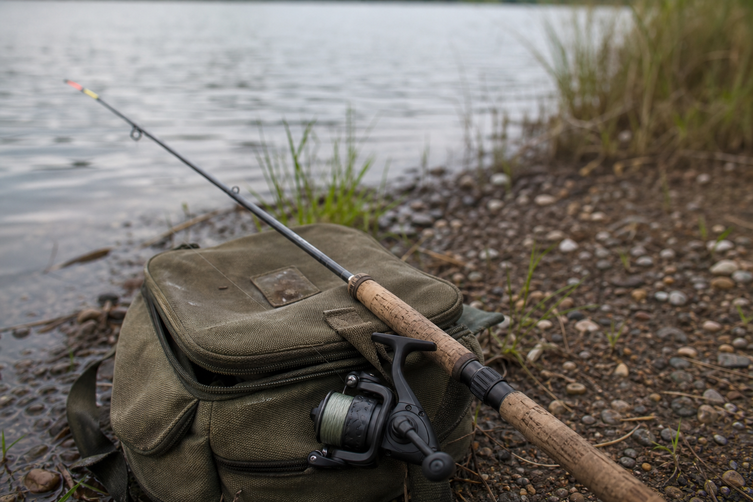 A waggler rod laid across a tackle bag with a small reel attached, near the water edge