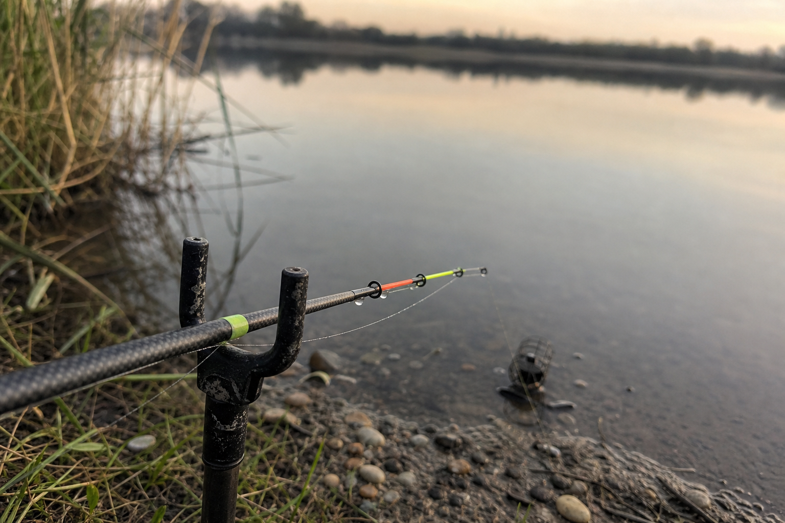 Quiver tip rod end resting on rod rest beside calm water, feeder rod setup
