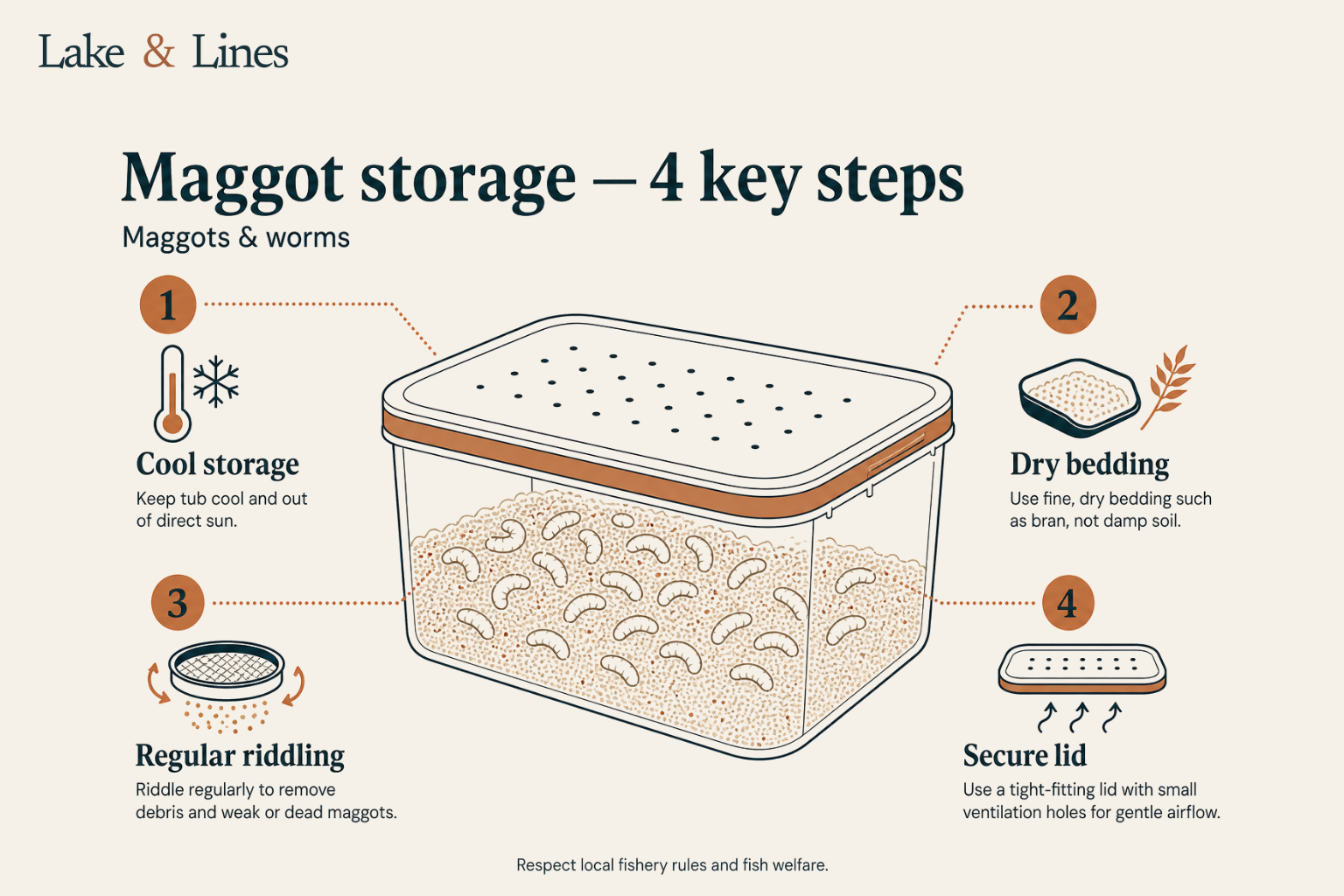 Infographic showing the four key steps for keeping maggots fresh: cool storage, dry bedding, regular riddling and secure lid
