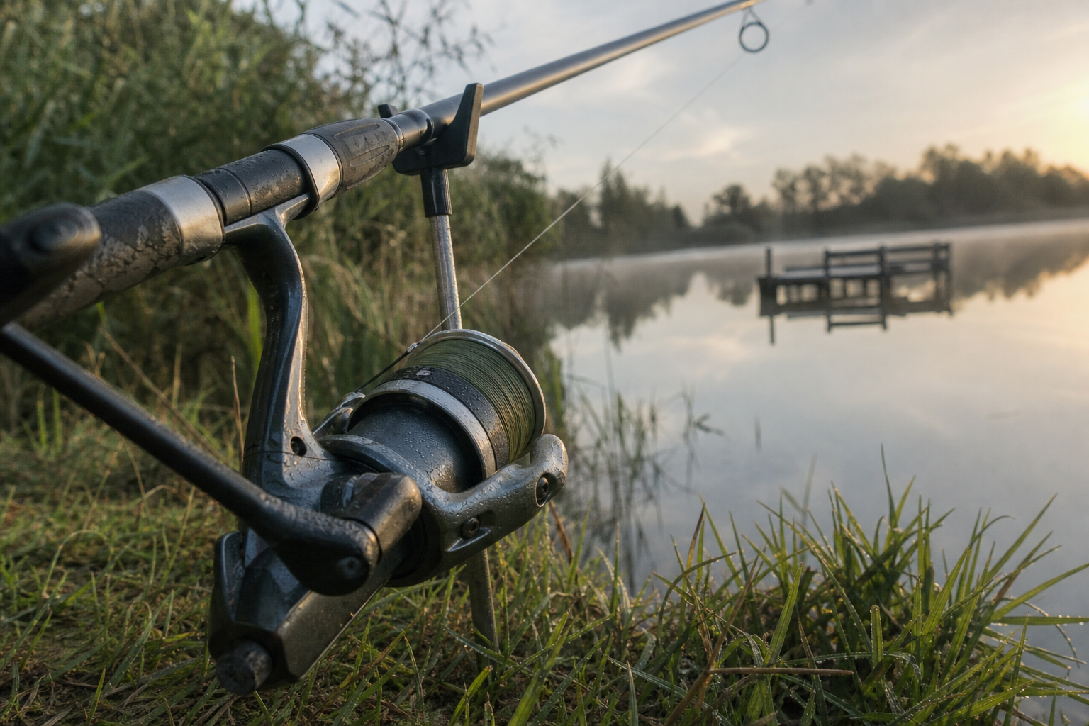 Fixed-spool reel mounted on a feeder rod, resting beside a still lake