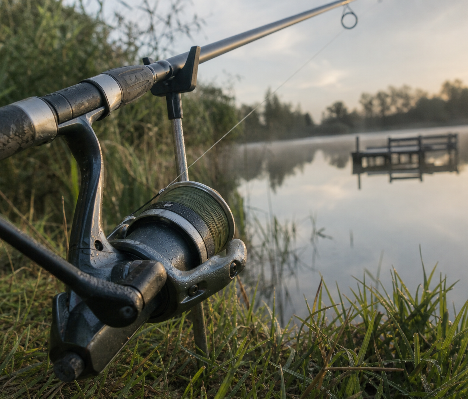 Fixed-spool reel mounted on a feeder rod, resting beside a still lake