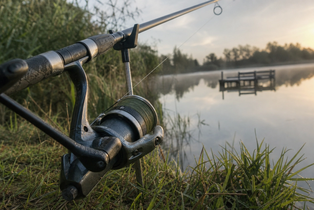Fixed-spool reel mounted on a feeder rod, resting beside a still lake