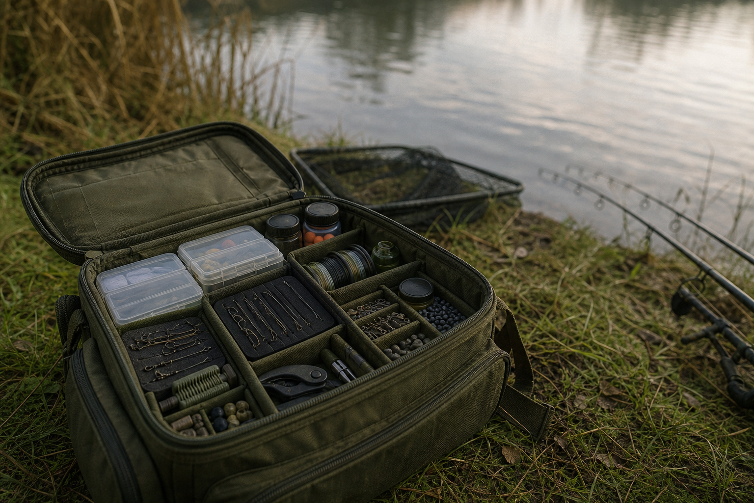 Open tackle carryall on grass beside a stillwater, showing organised internal compartments