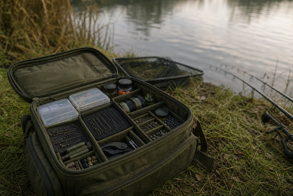 Open tackle carryall on grass beside a stillwater, showing organised internal compartments
