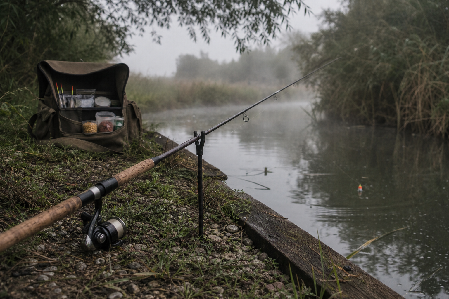 A float rod resting on a rod rest beside a narrow canal, tackle bag in the background