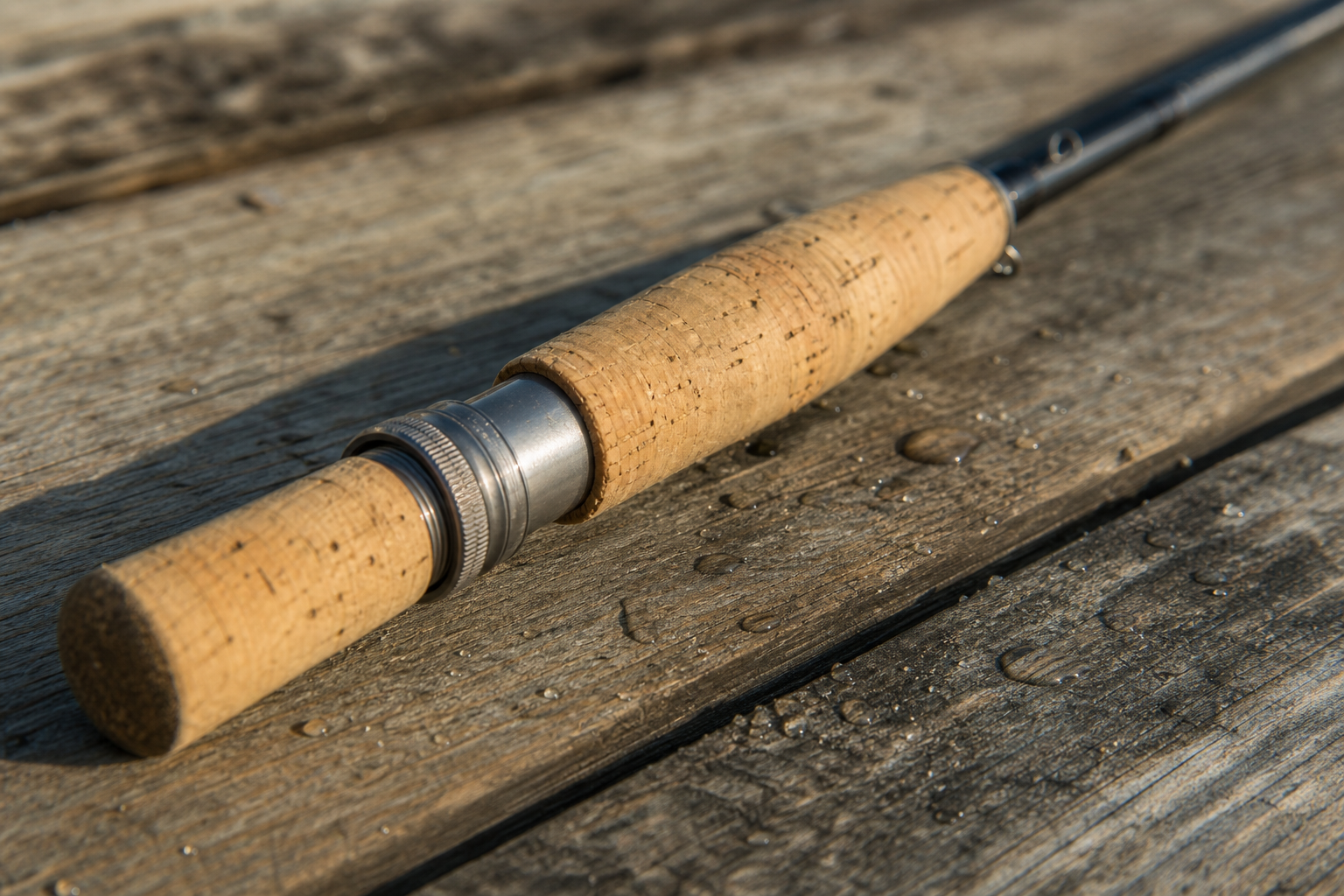 Close-up of a float rod cork handle and reel seat on a wooden surface