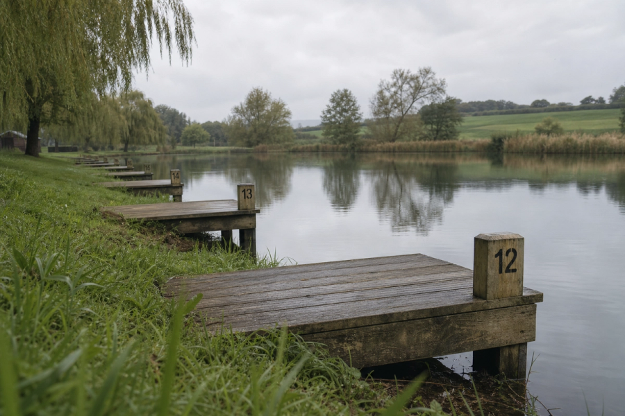 A calm commercial fishery lake with numbered wooden fishing platforms along a grassy bank and willow trees beside the water