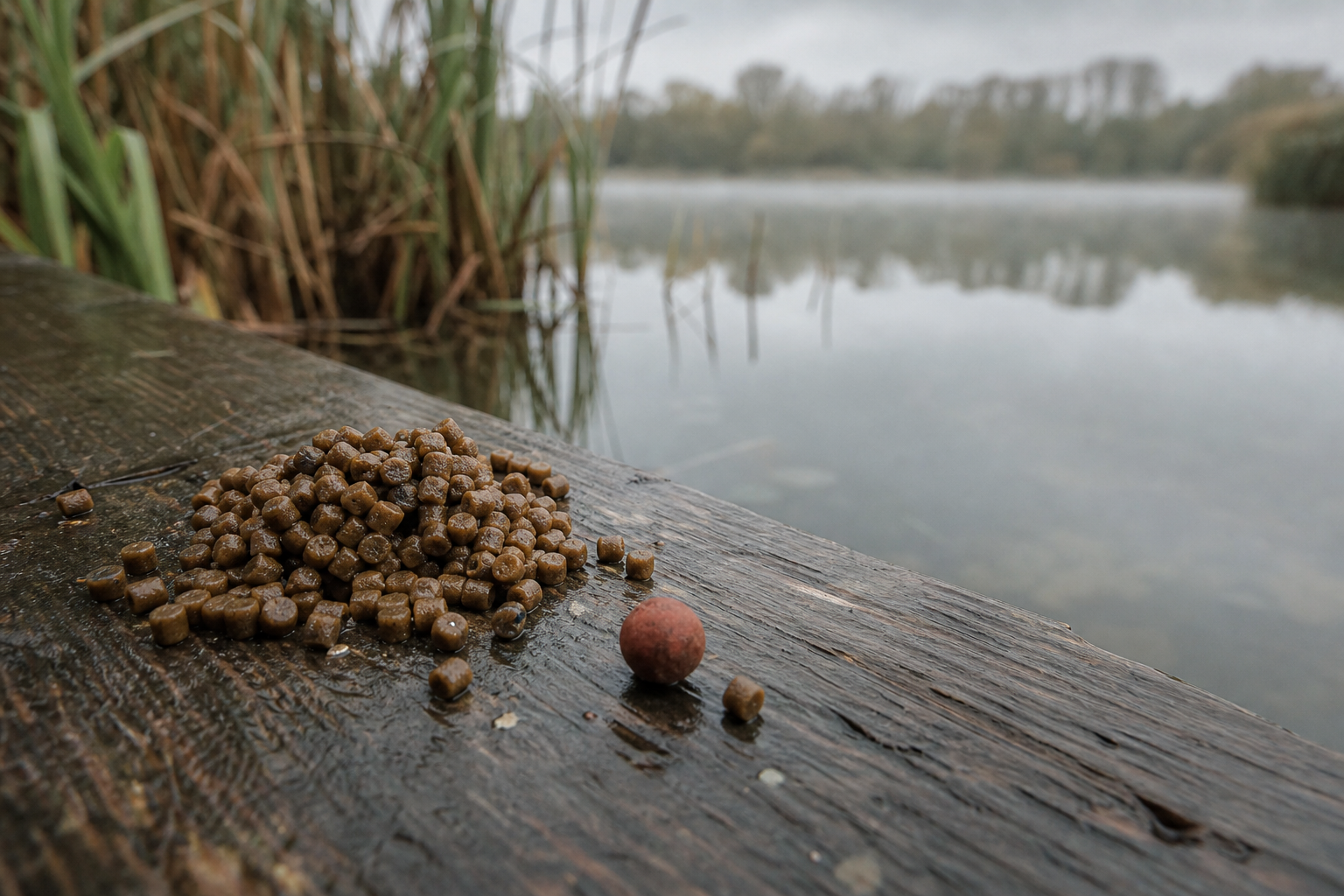 Small pile of micro pellets on a damp surface beside a calm stillwater lake