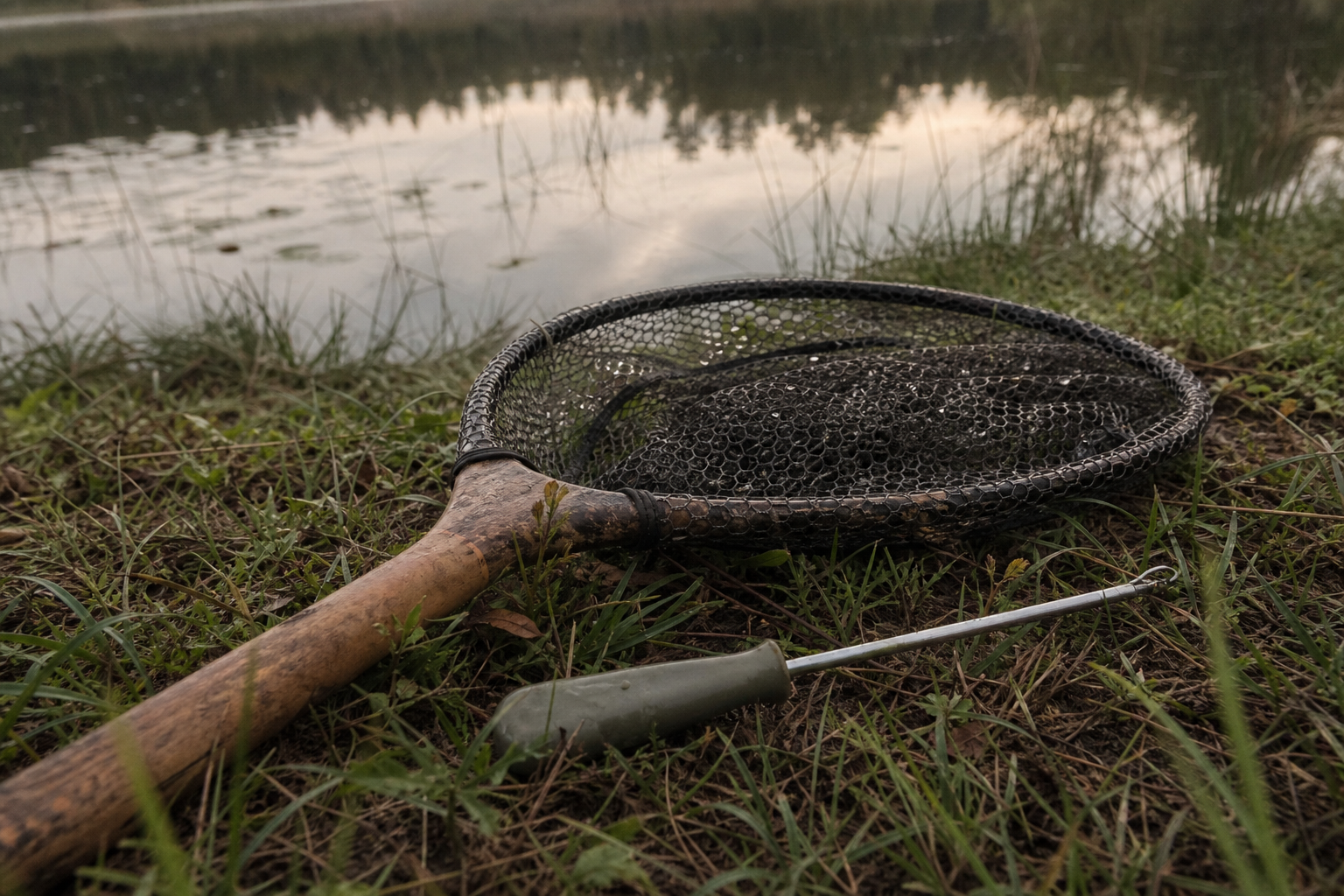 A mesh landing net and a disgorger resting on grass at the water's edge