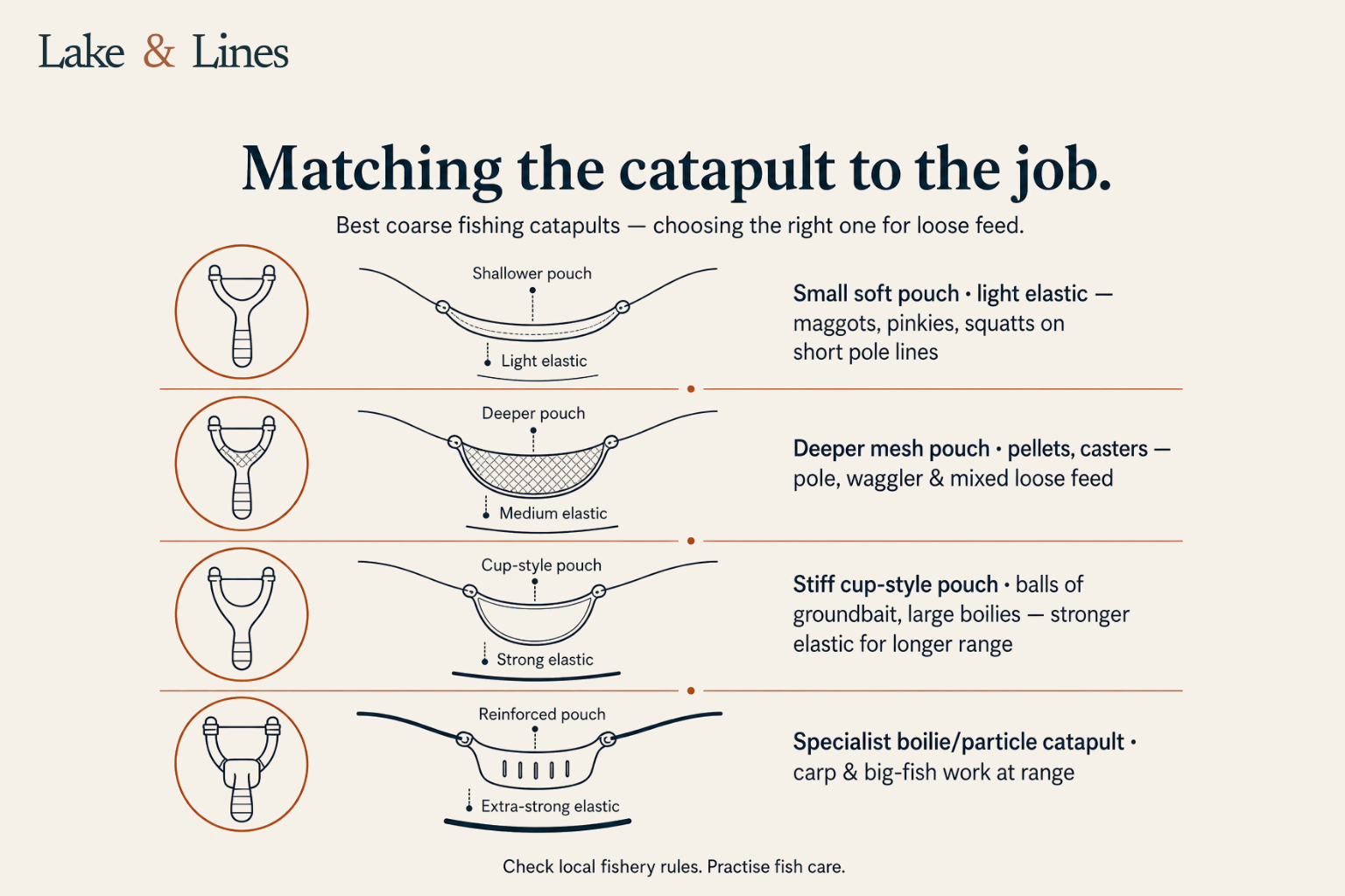 Chart matching pouch and elastic strength to bait and use, from a small soft pouch for maggots on short pole lines to a specialist catapult for boilies at range