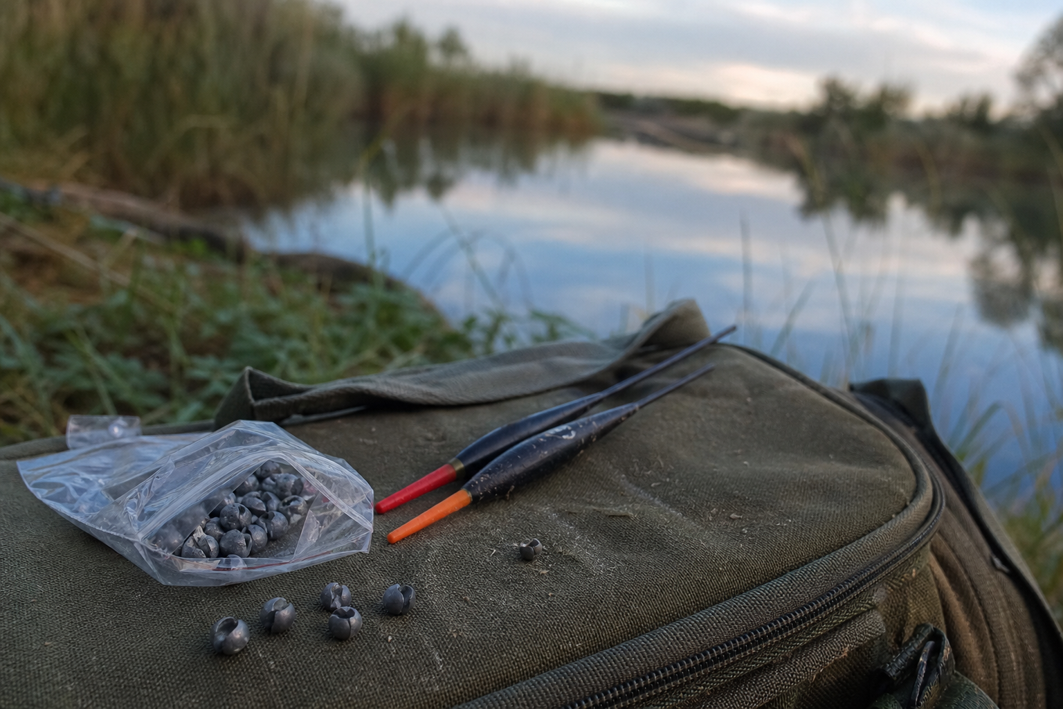 A small mixed split shot pack and two waggler floats resting on a green tackle bag beside still water