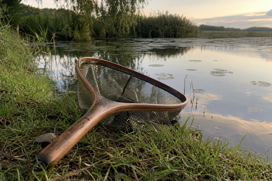 A landing net resting on a grass bank beside a calm stillwater lake.