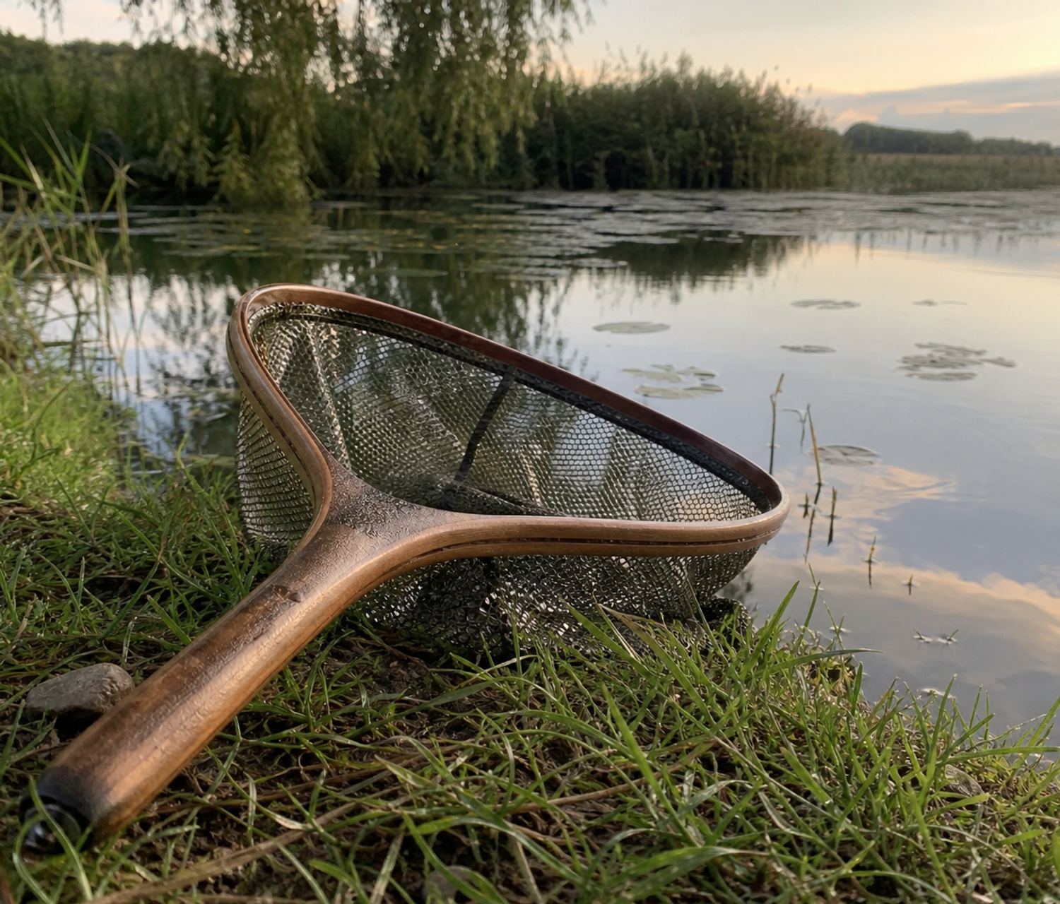 A landing net resting on a grass bank beside a calm stillwater lake.