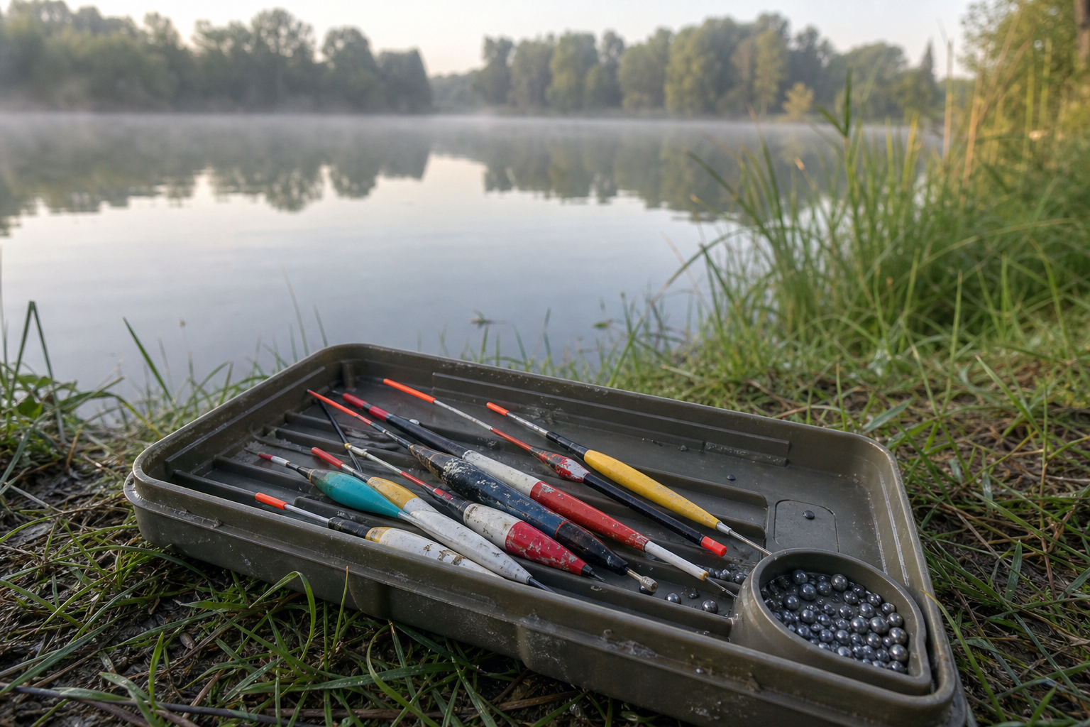 Selection of waggler floats and split shot resting on a tackle tray beside still water