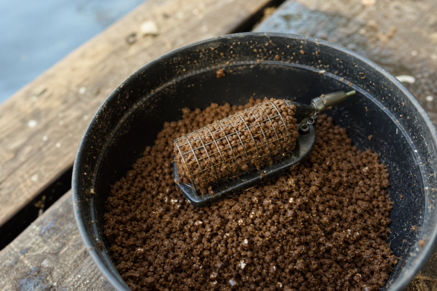 A loaded method feeder surrounded by dampened micro pellets in a bait tub