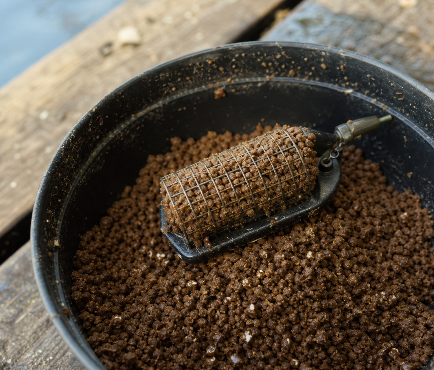 A loaded method feeder surrounded by dampened micro pellets in a bait tub