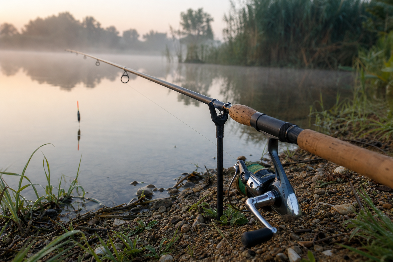 A complete float fishing rod and reel set up on a calm lake bank
