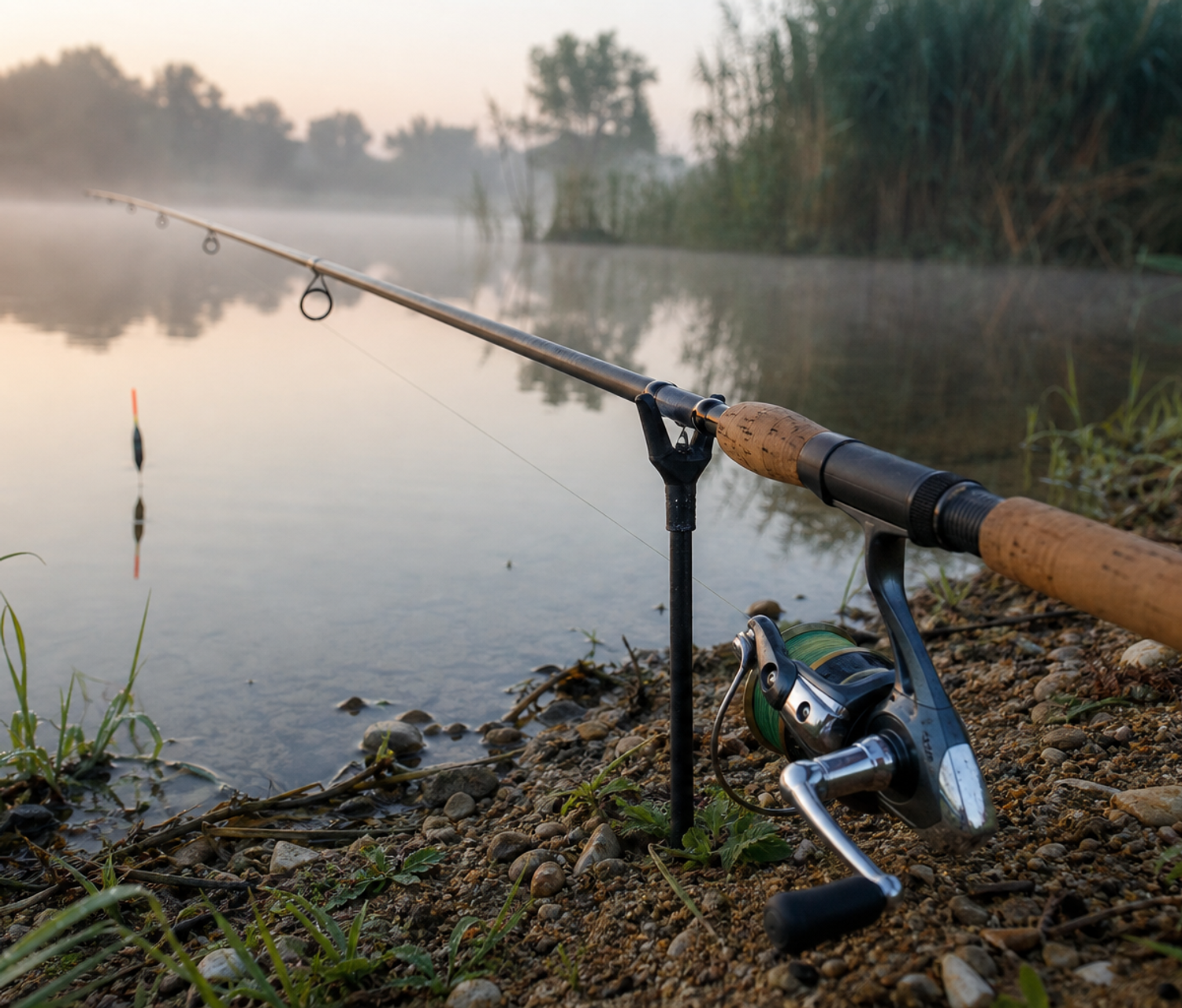 A complete float fishing rod and reel set up on a calm lake bank