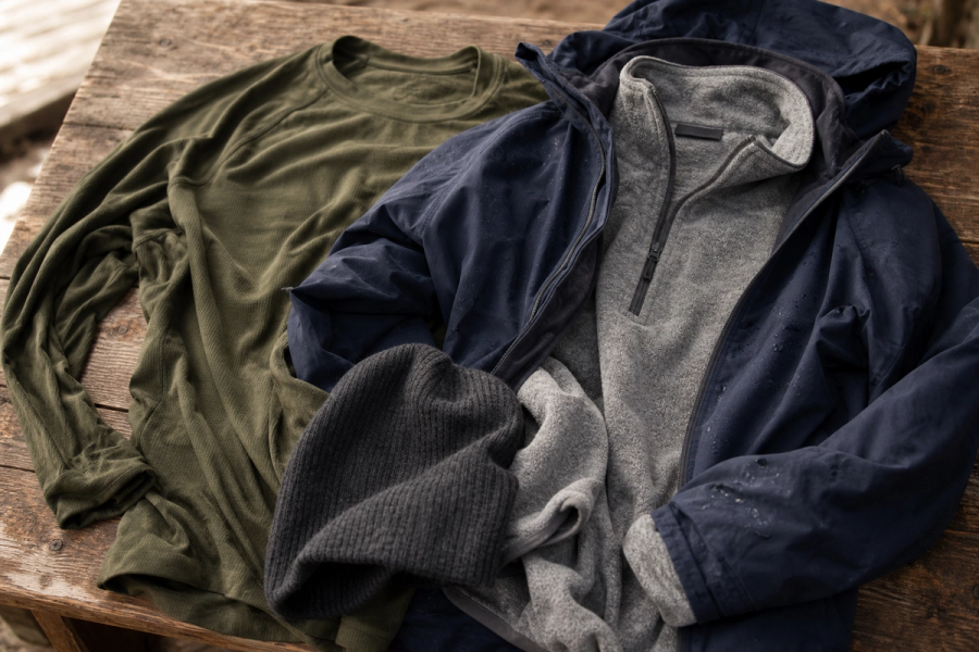Fishing base layer, fleece mid-layer, waterproof jacket and hat arranged flat on a wooden surface