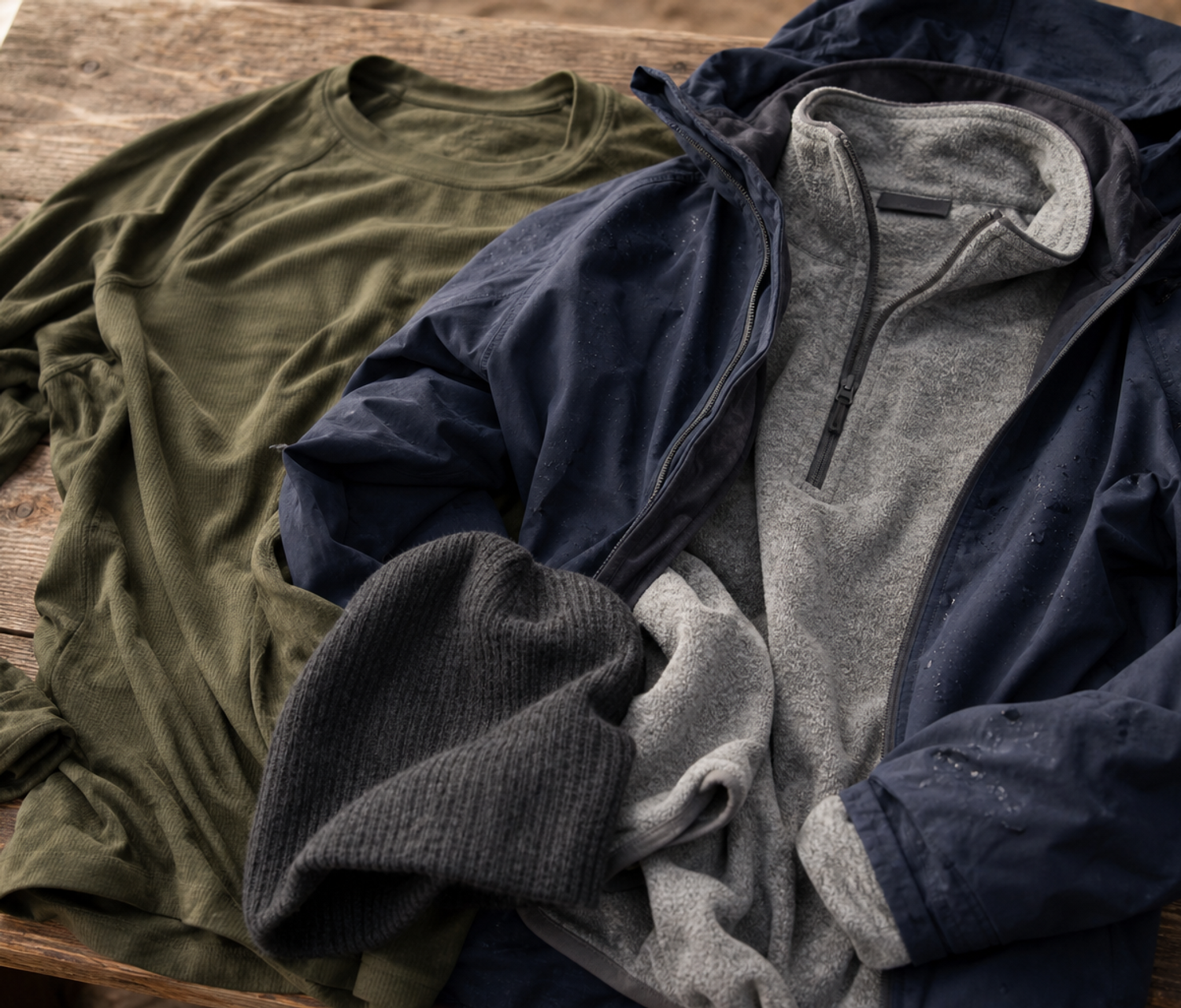 Fishing base layer, fleece mid-layer, waterproof jacket and hat arranged flat on a wooden surface