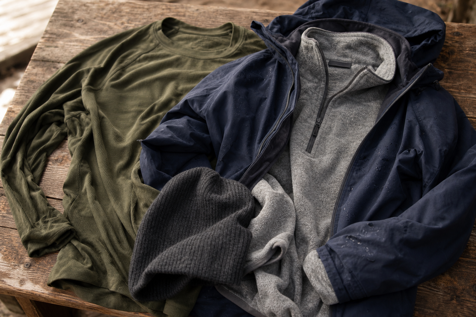 Fishing base layer, fleece mid-layer, waterproof jacket and hat arranged flat on a wooden surface