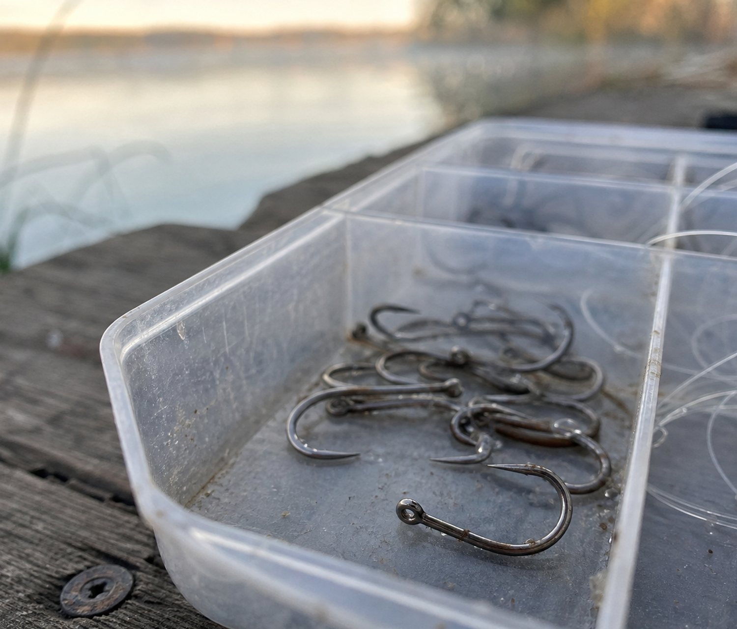 Barbless fishing hooks arranged in a plastic tackle box compartment