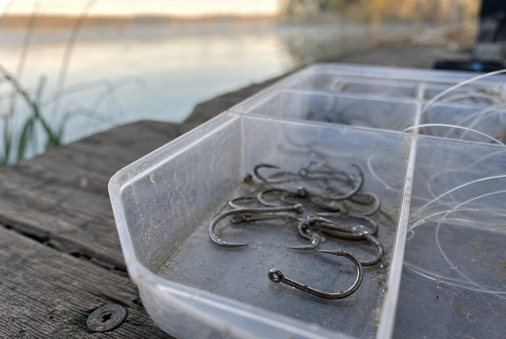Barbless fishing hooks arranged in a plastic tackle box compartment