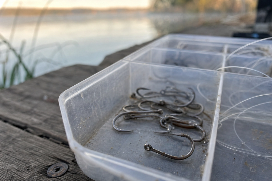 Barbless fishing hooks arranged in a plastic tackle box compartment