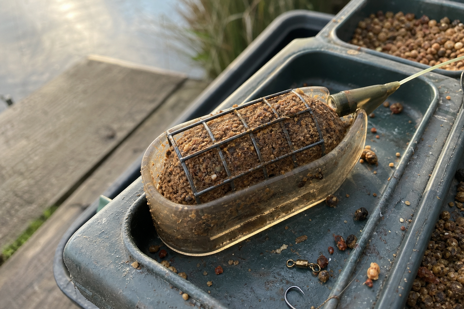 Loaded method feeder pressed into a plastic feeder mould with compact groundbait ball, on a tackle tray