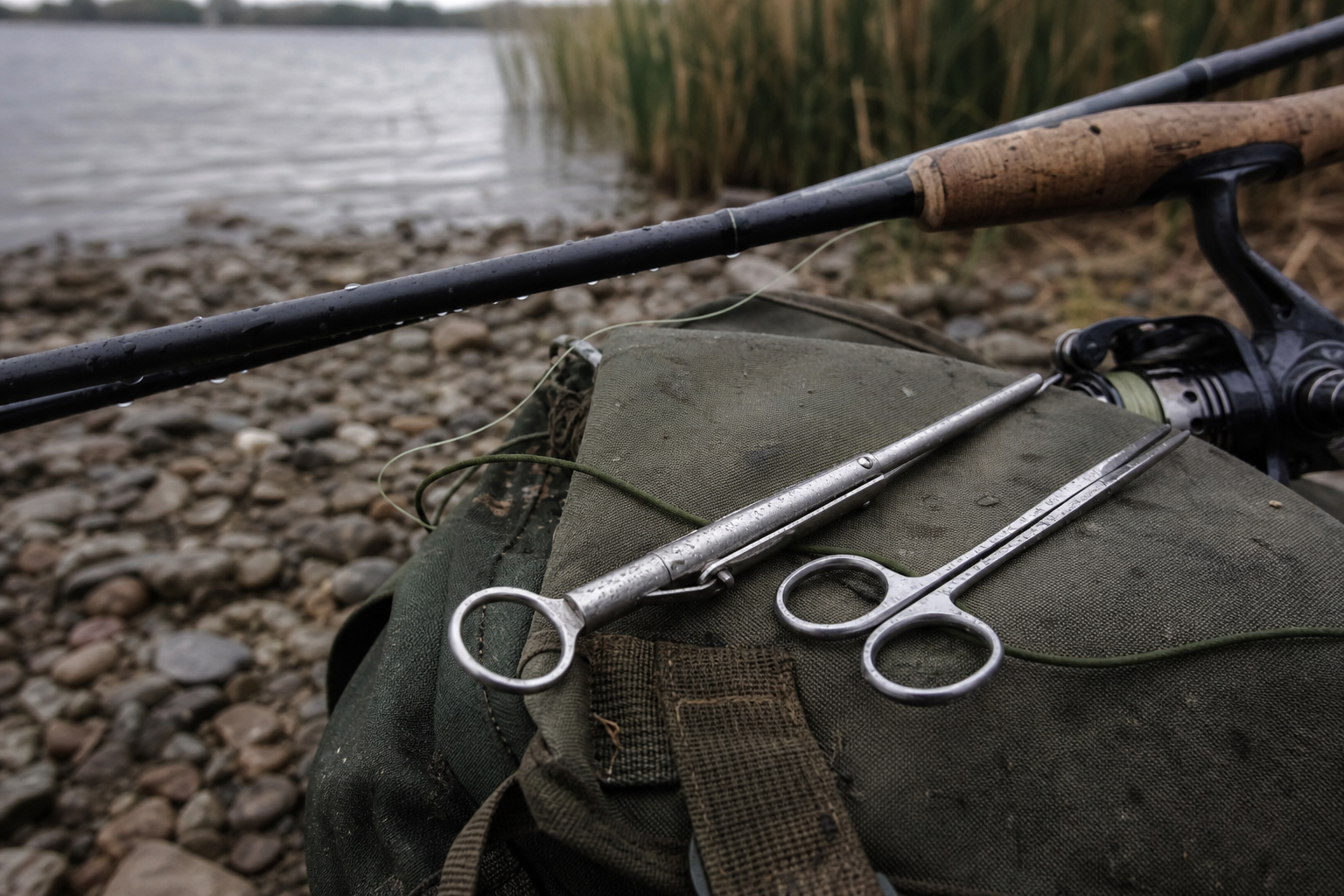 Disgorger and forceps resting on a green tackle bag beside a fishing rod