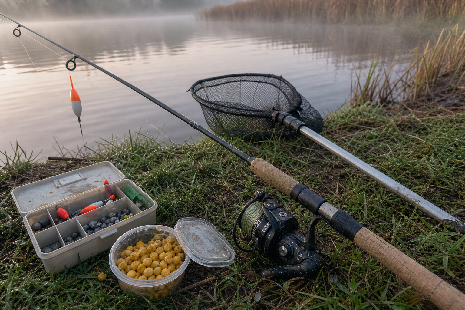 A float rod, reel, landing net, small tackle box and bait pot arranged on grass beside a lake