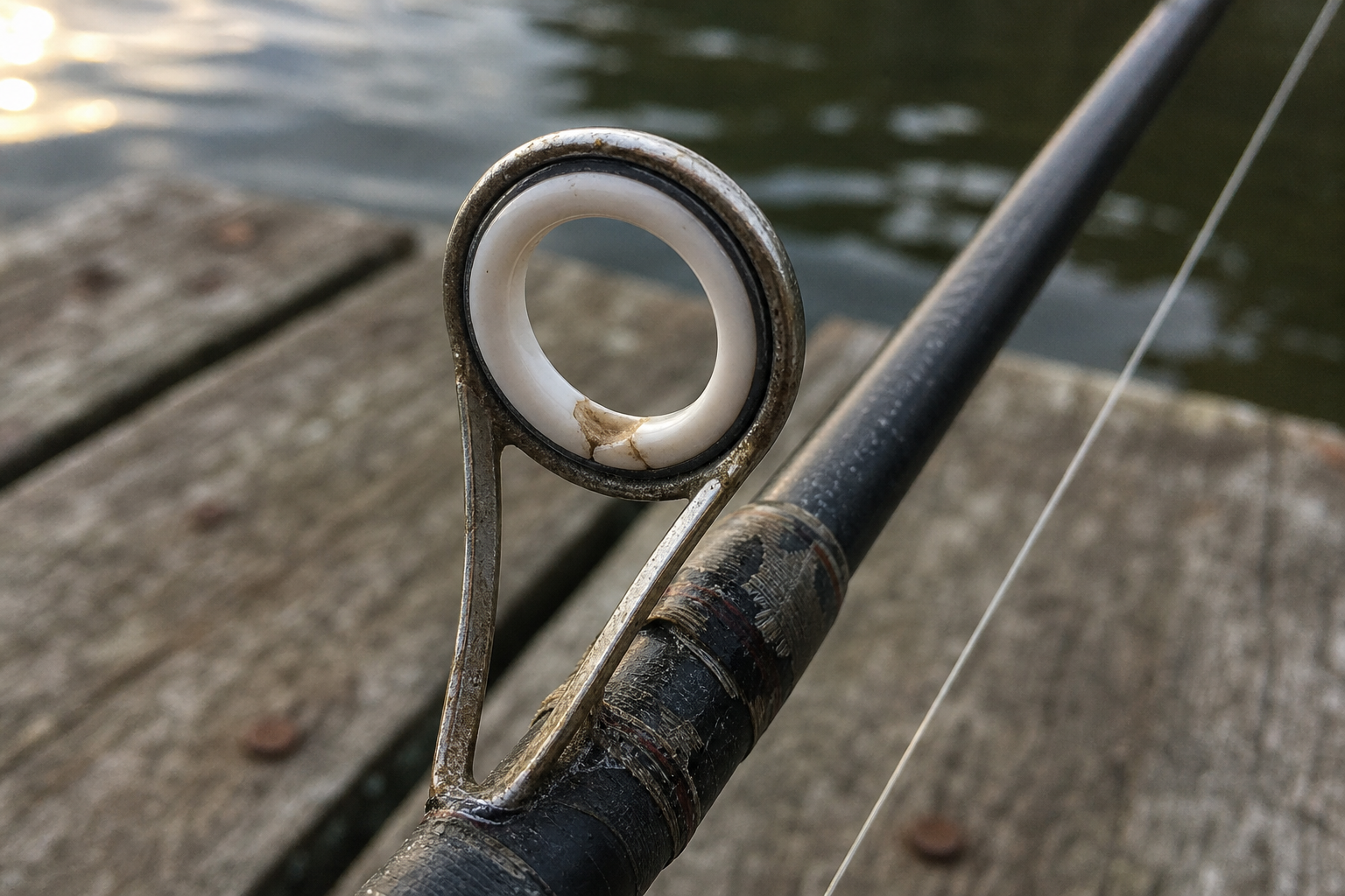 Close-up of a worn fishing rod guide ring showing a small chip in the ceramic insert.