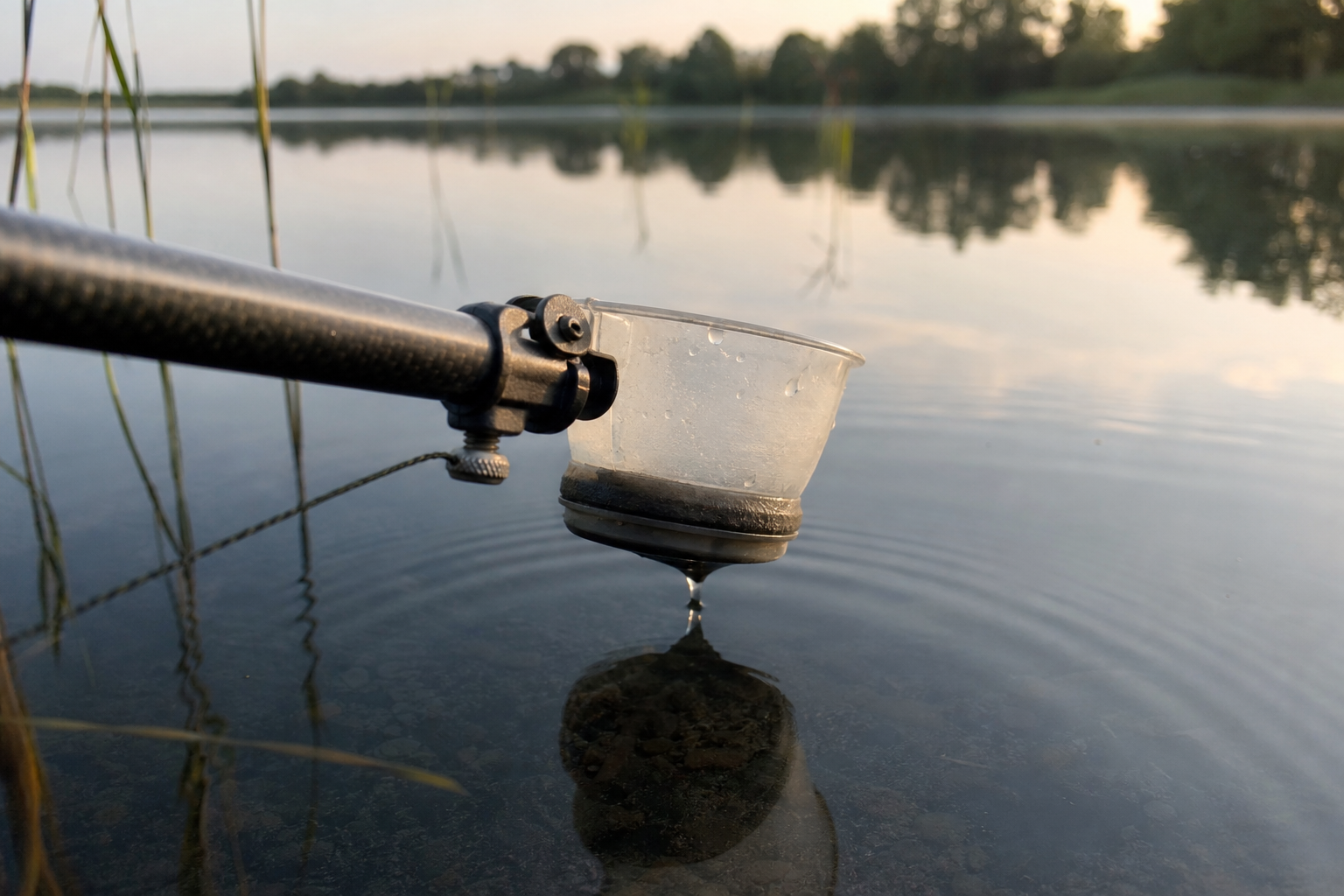 A plastic pole cup attached to a cupping kit, held just above the surface of a calm lake.