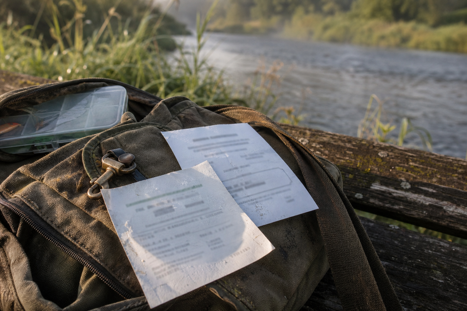 Printed day ticket and licence confirmation slip resting on a fishing bag