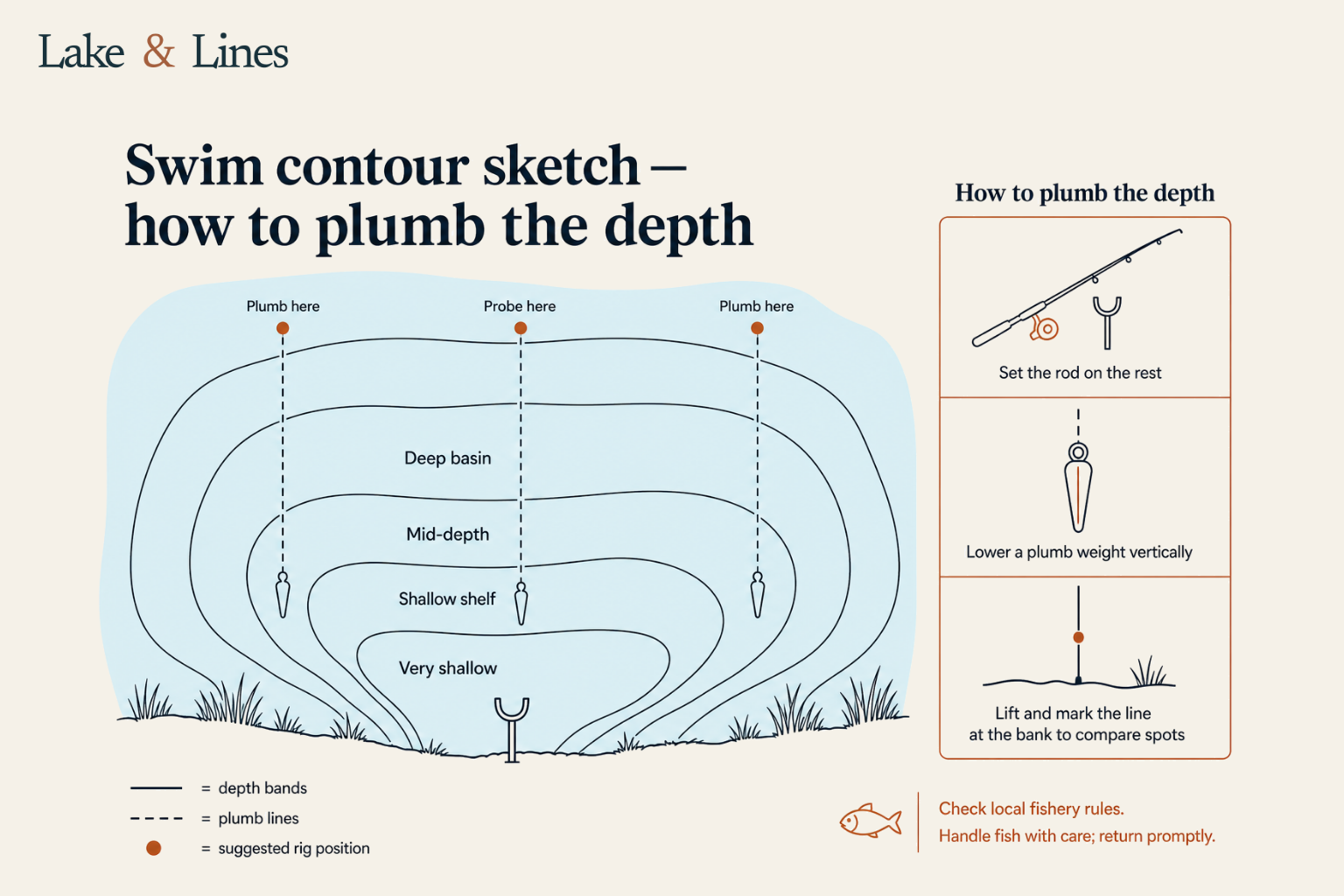 Simple overhead sketch of a lake swim showing depth markings at different distances from the bank
