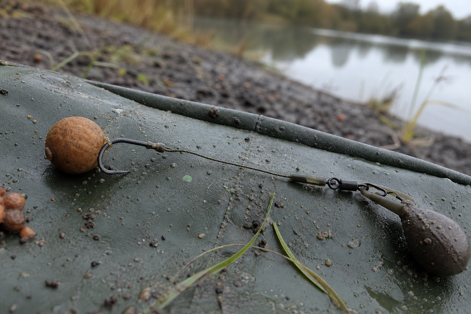 Close-up of a hair-rigged boilie attached to a lead-clip system on a mat.