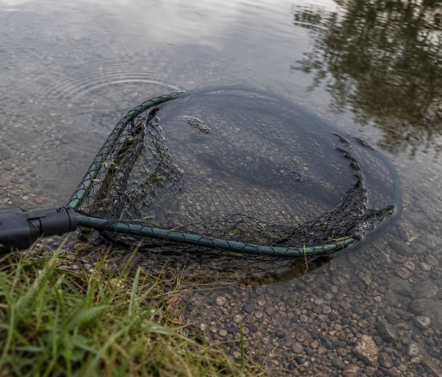 Knotless landing net fully submerged in calm still water at a fishery bank