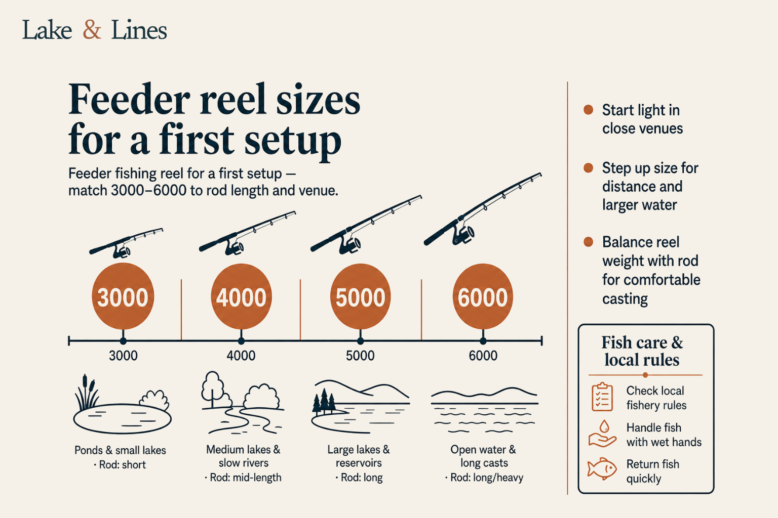 Infographic showing reel size ranges from 3000 to 6000 matched to rod length and venue type