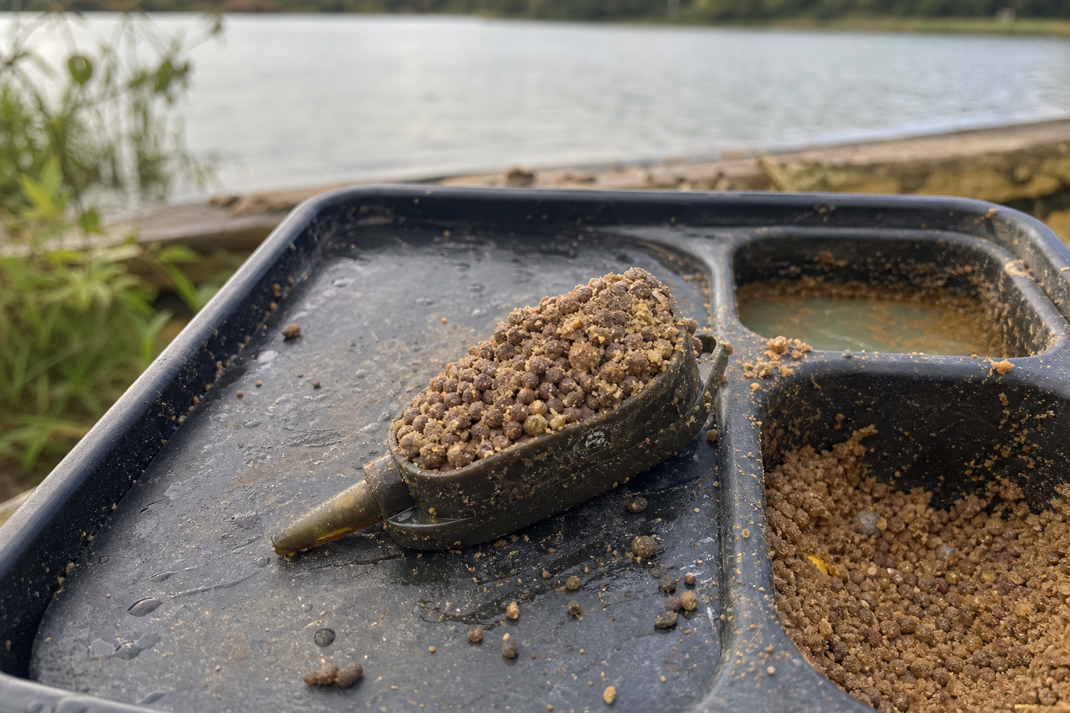 Close-up of a method feeder mould loaded with compressed groundbait pellets on a tackle tray